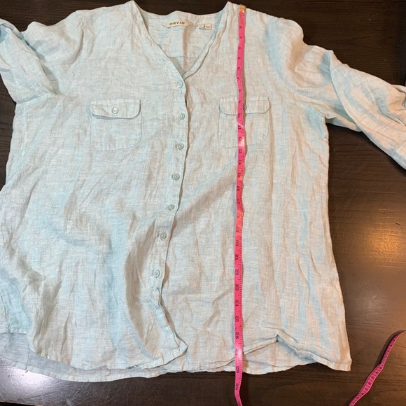 Orvis Womens Button Down Shirt XL Blue Linen 3/4 Sleeve Pockets Casual READ - Picture 10 of 14